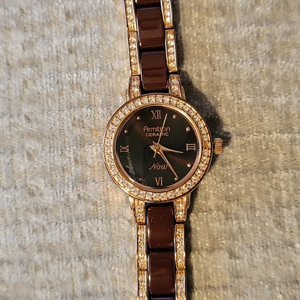 Armitron Ceramic Watch Women gold Tone Crystal Bezel
